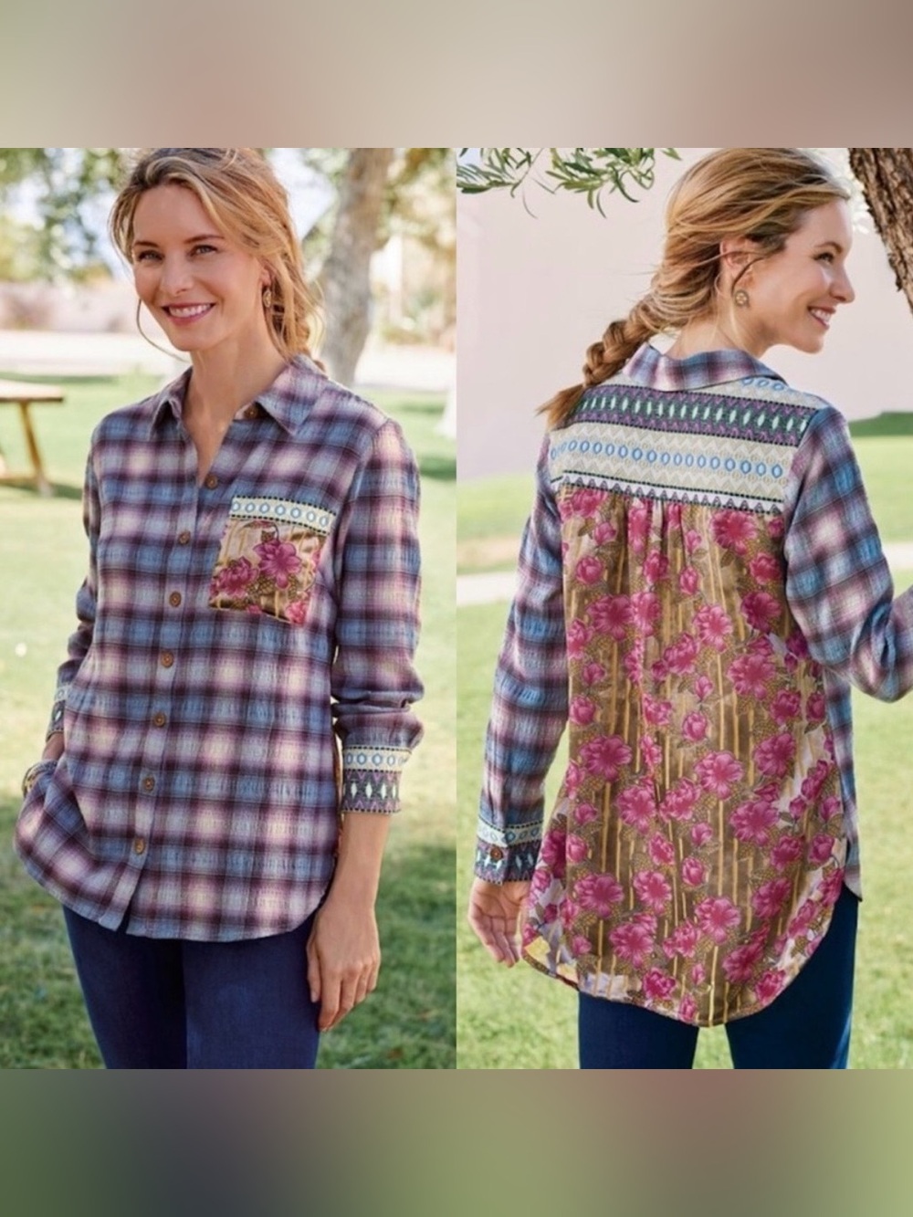 Soft Surroundings | Small Rosebay Embroidered Velvet Burnout Floral Plaid Shirt